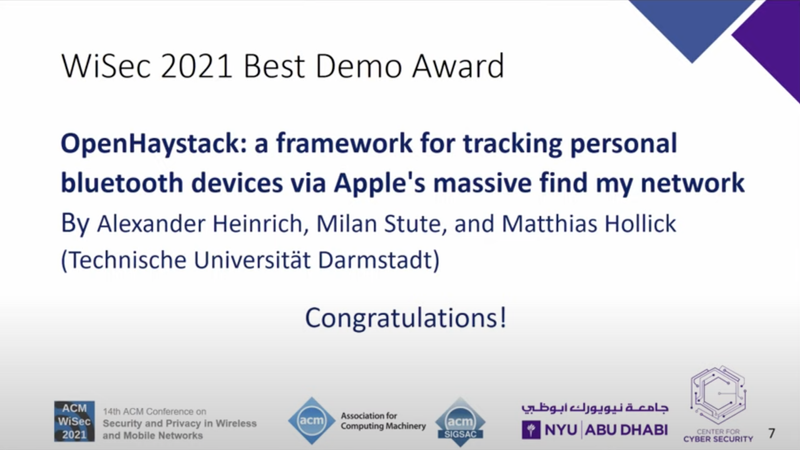 OpenHaystack wins ACM WiSec’21 Best Demo Award
